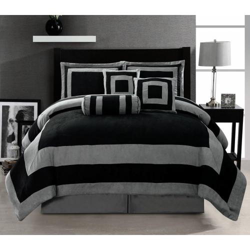 Queen Grand Linen Oversize Black/Grey Comforter Set Micro Suede Patchwork Bed in A Bag