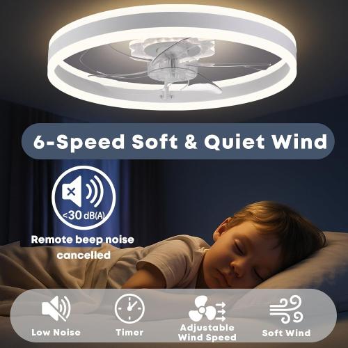 Fszdorj 23.6'' Ceiling Fan with Light, Upgraded Low Profile Fan, Flush Mount Ceiling Fan, 6 Speeds, Dimmable LED, App & Remote Control, Quiet DC Motor, for Bedroom, Living Room, F105 White N