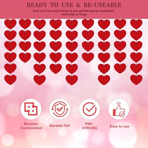 OHOME Valentines Day Decorations - 40 Pack Red Felt Heart Hanging Banner Backdrop | Valentines Decor Party Supplies Favors for Wall Home Office - Galentines Day Decorations for School Classroom Outdoor Indoor