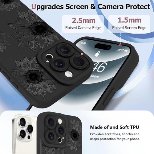 Black Flower for 16Pro Max OOK Floral Case for iPhone 16 Pro Max Case, Cute Sunflower Floral Blooms Design Soft TPU Shockproof Protective for Women Girls Phone Cover - Black Flower