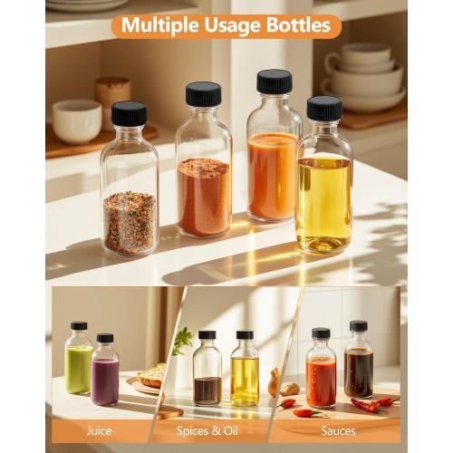 2OZ Small Glass Bottles with Lids and Funnels, 60ml Boston Round Glass Bottles, Mini Bottle, Perfect for Diy Essential Oils, Perfumes, Whiskey and Juices, 24 Pack Clear