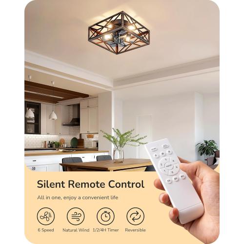 EDISHINE Caged Ceiling Fans with Lights Flush Mount, Rustic Square Low Profile Enclosed Fan Ceiling with Remote, 2/4 H Timer, Reversible 6 Speed, Farmhouse Small Fan for Bedroom, Kitchen, Dining Room