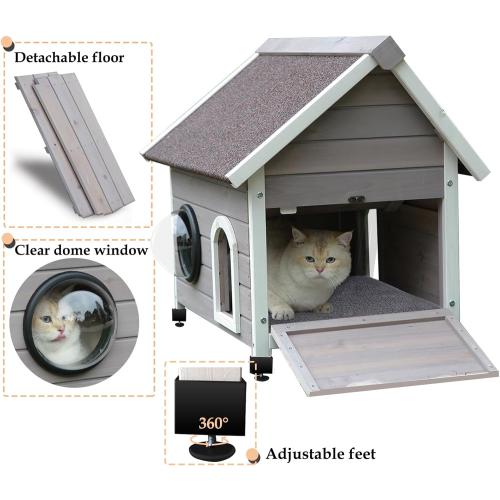 Rockever Outdoor Cat House, Feral Cat House Outdoor Weatherproof with Escape Door and Clear Windows for 2 Cats(with Self Warming Mat)