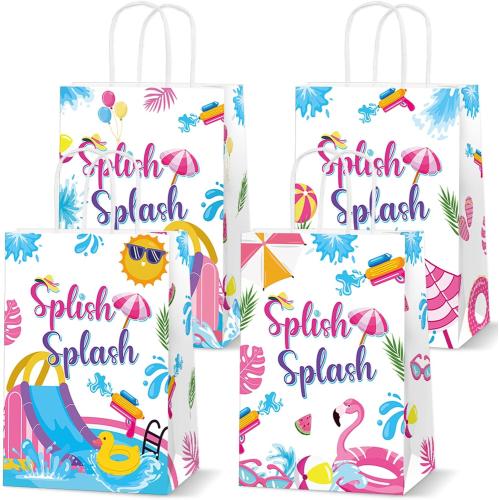 24Pcs Splish Splash Party Paper Bags Splish Splash Birthday Decorations Water Slide Kraft Gift Bags with Handles Pool Birthday Paper Candy Treat Bag for Kids Swimming Bash Hawaiian Luau Party Supplies