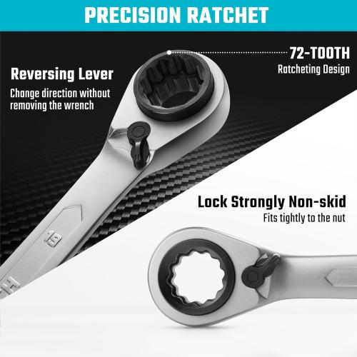 DURATECH 4-in-1 Reversible Ratcheting Box Wrench Set, Double Box End, Metric, 2-Piece, 8, 10, 12, 13 & 14, 15, 17, 19 mm, CR-V Steel, Matte Chrome Plated, with Rolling Pouch