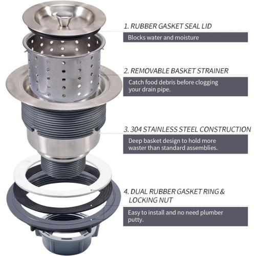 3-1/2 Inch Sink Drain Assembly Kit, Removable Deep Sink Strainer Basket with Sink Stopper/Sealing Lid for Home, Kitchen, Stainless Steel