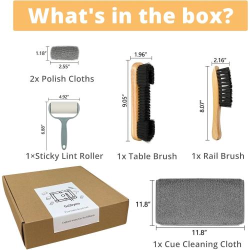 Pool Table & Rail Brush 5 Set, Billiard Felt Cleaner Accessories with 2 Wooden Brushes, Cue Cleaning Cloth, Ferrule Polish Cloth & Sticky Lint Roller