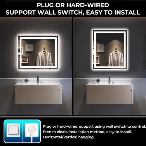 28x36 Inch LED Bathroom Mirror with Lights Front and Backlit Lighted Vanity Mirror for Bathroom Wall with 3 Colors Dimmable Anti-Fog Memory Shatter-Proof IP54 Waterproof Horizontal/Vertical