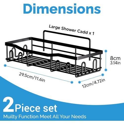 Black Shower Caddy – Rustproof Stainless Steel Bathroom Organizer Shelf with Hooks & Adhesive Mount – No-Drill, Waterproof, Wall-Mounted Storage Rack for Shampoo, Conditioner, Soap & More