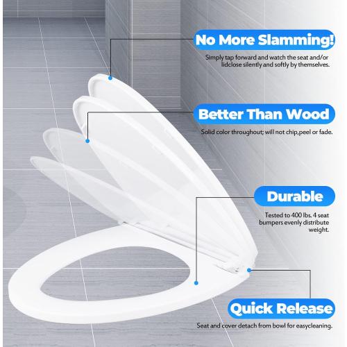 White MUU Toilet seat, Slow Close, White heavy duty Toilet Seat with Non-slip Seat Bumpers Easy to Install & Clean PP Material Replacement Toilet Seat Fits All Toilet Brands Elongated Toilets(MU220-PP)