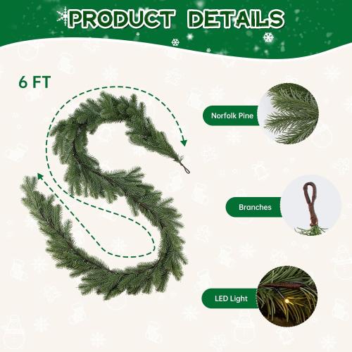 Bluesea 6FT Christmas Norfolk Pine Garland, Real Touch Pine, Faux Greenery Garland for Fireplace,Table, Stairs, Mantle, Window,Indoor Outdoor,Home,Holiday Decor（1 Pcs）
