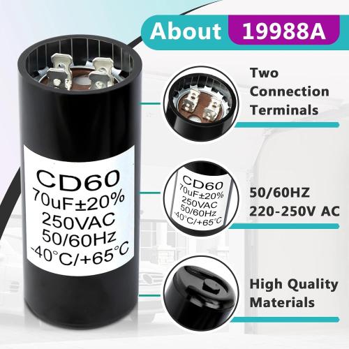 19988A Start Capacitor Compatible wit Genie 1/2HP Openers – 70 MFD 220V Garage Door Opener Starting Capacitor Replacement (Compatible with Genie 19988 & X-19988-A, Not for Running Capacitors, 60Hz AC)