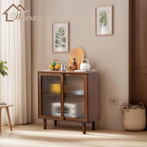 Welnow Buffet Cabinet, Bamboo Sideboard with Storage Kitchen Display Cabinet with 2-Tier Shelves Boho Coffee Bar Tables for Kitchen, Living Room, Entryway, Office, Walnut | 32.7H, 2-Tier Storage,Coffee Bar Cabinet with Fluted Glass Doors, Sideboard Cabinet for Kitchen, Living Room, Entryway