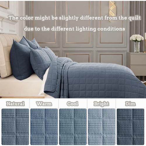 3 Pieces Oversized Cotton Quilt Set Super King Comforter with Pillow Shams 120x120 Ultra Soft Lightweight Bedspread Waffle Weave Quilted Bed Coverlets for All Season, Grey Blue