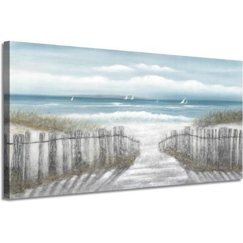Canvas Wall Art Beach Pathway: Sandy Path with Fence Painting to the Coastal Hand Painted Artwork Picture for Bedroom (40'' x 20'', Multi-Sized)