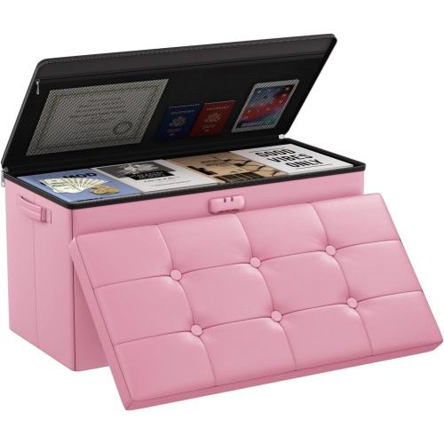 DocSafe Storage Ottoman Bench with Lock,Fireproof 30 Inches Folding Bench Foot Rest Stool Storage Chest Safe for Living Room,Bedroom,Home Office,Waterproof Leather Ottoman with Handles,Pink