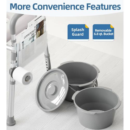 Bedside Commode with Padded Seat and Backrest, Aluminum Commode Toilet with Bucket, Easy Cleaning Portable Toilet for Adults and Seniors, 350 lb Capacity Enhanced Crossbar