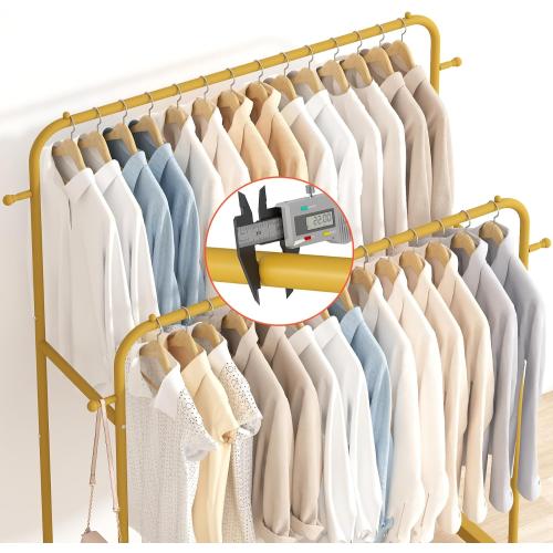 Laiensia Double Rods Garment Rack with Wheels, Clothing Rack for Hanging Clothes,4 Hooks, Multi-functional Bedroom Clothes Rack, Gold