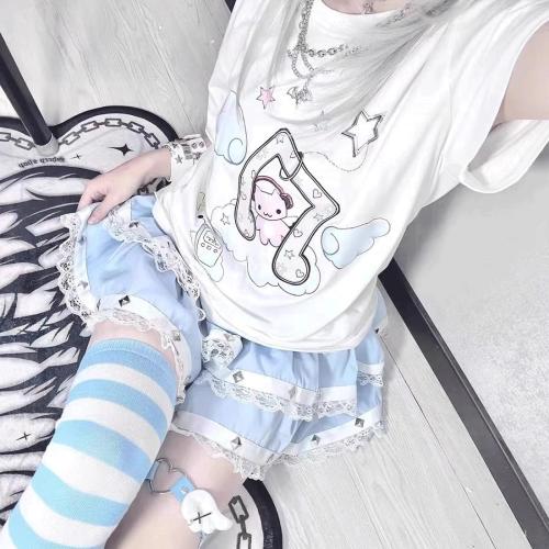 RILGOU Harajuku Style Pastel Kawaii Gothic Clothes Casual Crewneck Soft Cartoon Cute Cat Music Angel Print T-Shirt Size Large