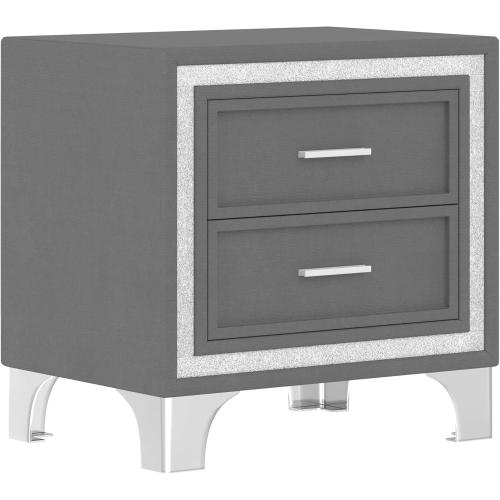 Mid Century Vintage Nightstand with Silver Glitter Strip, Gray Velvet Bedside Table with 2 Drawers and Metal Legs