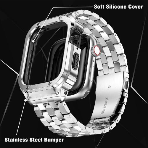 SUPLINK Stainless Steel Case and Band Compatible with 45mm Apple Watch Bands for Men, Metal Rugged Protective Bumper for iWatch Apple Watch Series 9 8 7 Band, Silver
