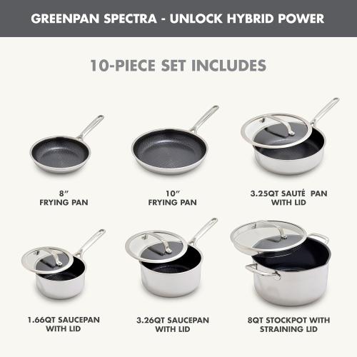 GreenPan Spectra 11 Piece Cookware Set,Hybrid Tri-Ply Stainless Steel, PFAS-Free Ceramic Nonstick Textured Cooking Surface,Induction Pots & Pans with Lids, Dishwasher Safe,Oven & Broiler Temp to 850˚F