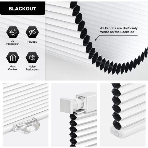 LazBlinds Cordless Cellular Shades, No Tools No Drill Blackout Honeycomb Shades Pleated Blinds for Windows, 34'' W x 48'' H, Silver White