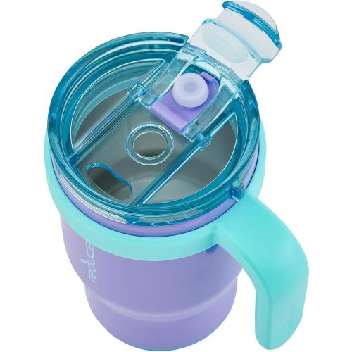 REDUCE 14 oz Coldee Tumbler with Handle for Kids - 2 Pack, Leakproof Insulated Stainless Steel Mug with Lid & Spill-Proof Straw, Keeps Drinks Cold up to 18 Hrs, Purple and Teal