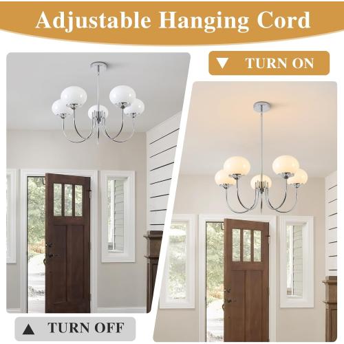 BOKT 5 Light Globe Chandelier Modern Milk Glass Chandelier Pendant Light White and Silver Vintage Semi-Flush Mount Ceiling Light for Kitchen Island Living Dining Room