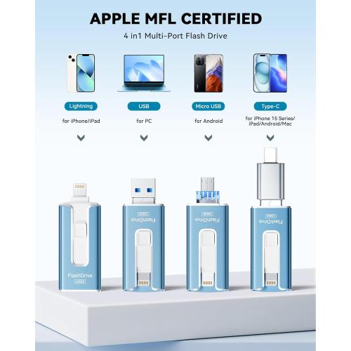 MFi Certified Flash Drive for iPhone iPad 256GB, Photo Stick for External Memory Storage, Easily Back Up and Save Photos Videos, USB Memory Stick Thumb Drive for iPhone/iPad/Android/PC (Sky Blue)