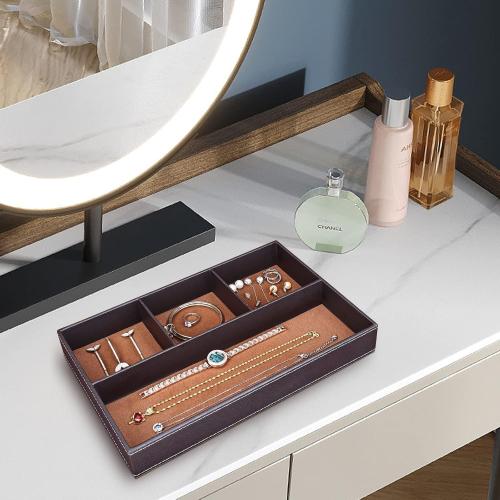 Size 11.85×7.91×1.61 Color Brown Faux Leather Valet Tray for Men, Stackable Jewelry Organizer for Drawers Inserts, Nightstand Caddy Tray for Key, Wallet, Sunglass, Watch, Coin, Phone, Bedside Desktop Storage Brown