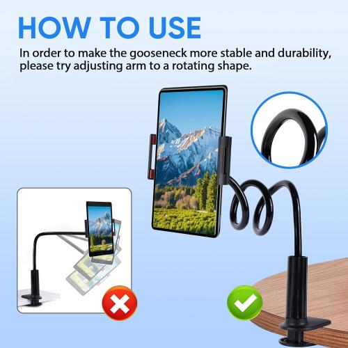 Gooseneck Tablet Holder for Bed, Tablet Stand Clamp Flexible Long Arm Adjustable Lazy Bracket for Desk Phone Mount, Compatible with iPad mini, for Kindle, for Switch, for All 4 - 9 Devices