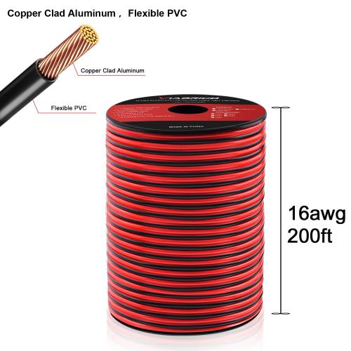16Gauge 200FT Electrical Wire Cable 2 Conductors Red Black Cable Hookup LED Lighting Strips Flexible Wire Extension Cord 16AWG Copper Clad Aluminum Copper Wire 12V/24V DC 61M