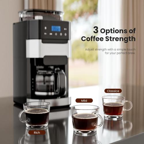 10-Cup Drip Coffee Maker with Built-in Grinder, Programmable Grind & Brew, 220g Bean Hopper, Adjustable Grind Size & Coffee Strength, Descaling Alert, 24H Timer, 2H Keep Warm, LED Touchscreen