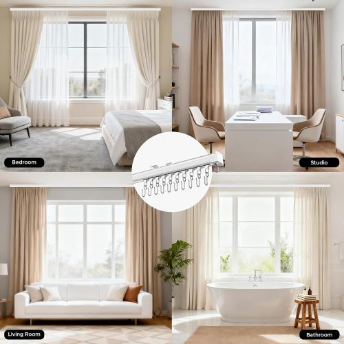 Ceiling Curtain Track 6–9 ft White - Heavy Duty Ceiling/Wall Mount Curtain Rail/Rod System, 30 Quiet-Glide Rollers, 30 Hooks, 30 Clips, Room Divider for Living Room, Bathroom or Hospital