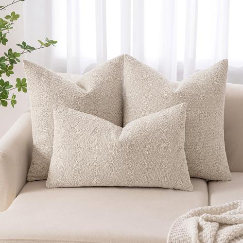 MIULEE Textured Boucle Throw Pillow Cover Beige Accent Solid Lumbar Pillow Case Decorative Soft Pack of 1 Couch Cushion Chair Sofa Bedroom Livingroom Home Decor,12x20 Inch