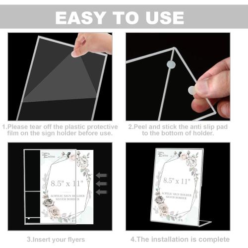 EHWINE 12 Pack Acrylic Sign Holder 8.5 x 11, Silver Picture Frame Stand up Table Top Sign Holders, Slanted Back Paper Holder Clear Display Stand Menu Flyer Holder for Wedding Party
