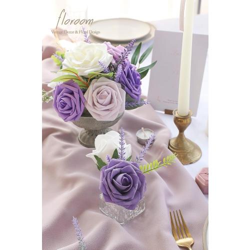 Floroom Artificial Purple Lavender, 4 Bushes Flocked Fake Lilac Flower for Wedding Bouquet DIY Table Centerpieces and Floral Arrangement Decoration