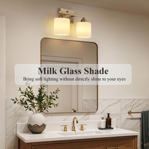 Mecgirn Milk Glass Vanity Lights for Bathroom, 2 Light Antique Matte Brass Bathroom Vanity Light Fixtures Over Mirror, Ceramic E26 Sockets Wall Mounted