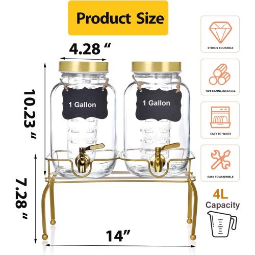 Set of 2 Size 1 Gallon Glass Drink Dispenser Set of 2 – Drink Dispensers for Parties, Christmas, Beverage Dispenser with Stand & 100% Leakproof Spigot, Ideal for Lemonade, Juice, Laundry Detergent Dispenser