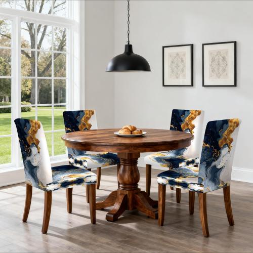 Luxury Marble Chair Covers Set of 4 – Navy Blue Gold Abstract Pattern Stretch Dining Chair Slipcovers Washable Universal Seat Protectors for Kitchen, Banquet, Party, Hotel, Home Decoration