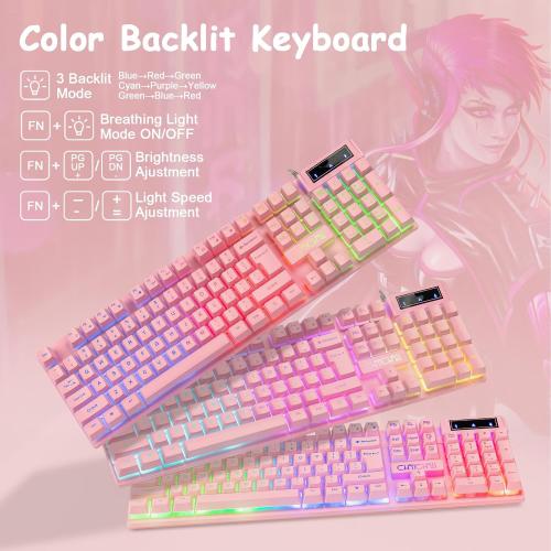 CHONCHOW Pink Gaming Keyboard and Mouse Combo with led, 104 Keys Wired Light Up Keyboard and Colorful Mouse for PC Laptop Computer PS4 Xbox, 19 Keys Anti-Ghosting, Multimedia Keys, Number Pad