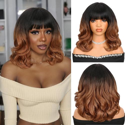 WIGER Short Yaki Wigs with Bangs Ombre Brown Natural Curly Bob Wigs for Women Shoulder Length Wavy Synthetic Wigs Wear And Go Wig Glueless Heat Resistant Hair for Daily or Events