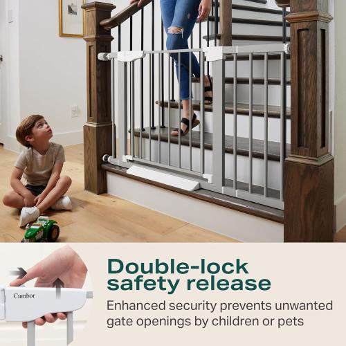 Cumbor 29.7-46 Baby Gate for Stairs, Auto Close & Dual Lock Dog Gate for the House, Mom's Choice Awards Winner-Pressure Mounted Pet Gates for Doorways & Hallways, Walk-Through Child Gate Indoor, Gray