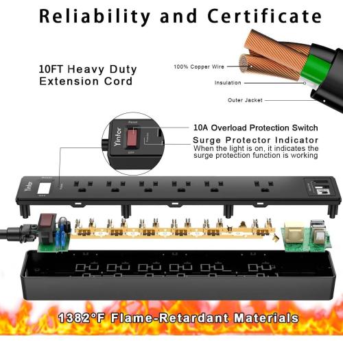 10 Ft Power Strip Surge Protector - Yintar Extension Cord with 6 AC Outlets and 3 USB Ports for Home, Office, Dorm Essentials, 1680 Joules, ETL Listed, Black