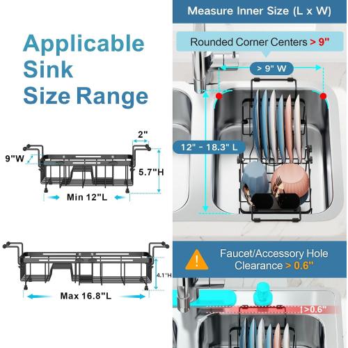 iSPECLE Small Sink Dish Drying Rack, 9 W Expandable Compact Rust Resistant Dish Drainer for RV Apartment Kitchen, Dish Rack with Lock Knob, Arms with Non Slip Rubber, Black