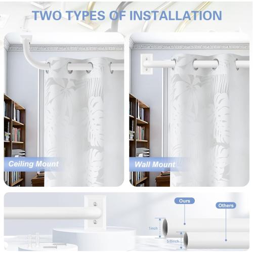 White Wrap Around Curtain Rods 48 to 90 Inch:Blackout Heavy Duty Adjustable Window Curtain Rod for Bedroom Kitchen,Modern Decorative Curved French Metal Single Drapery Rods Easy Install,White