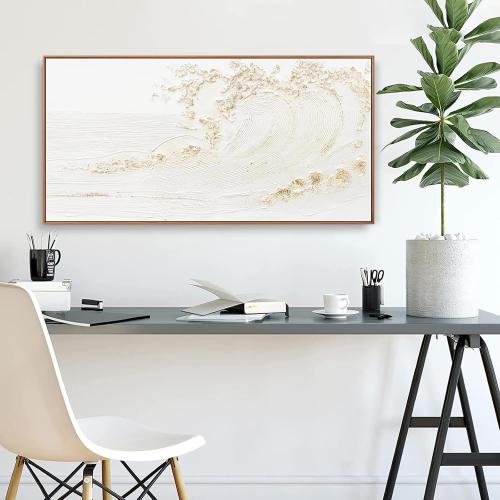 Framed Wall Art Wall Decor Nature Decor Canvas Hand Painted White Wave With Golden Embellishments Artwork Painting Picture For Living Room Bedroom Living Room And Office Wall Decor 24x48 Inch