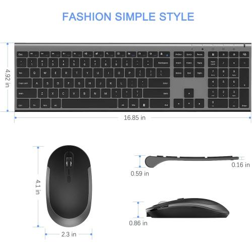 Wireless Keyboard and Mouse, Vssoplor Rechargeable Quiet Full-Size Keyboard and Mouse Combo Set Ultra Slim Design for Laptop, PC, Notebook, Desktop-Dark Gray