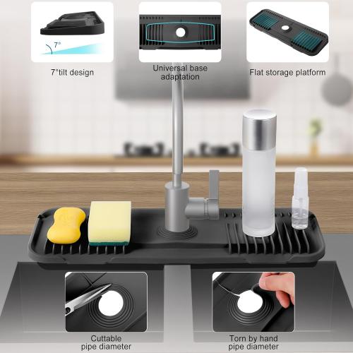 2nd Generation Silicone Faucet Mat, Kitchen Faucet Mat Silicone Faucet Drip Catcher with Cuttable Circular Central for Kitchen Sink, Tailor-Made for Faucets with Deck Plate【Black】